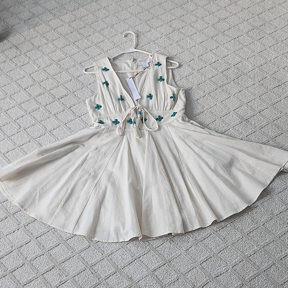 House of Harlow 1960 Asymmetrical Cream Dress with Teal Accents